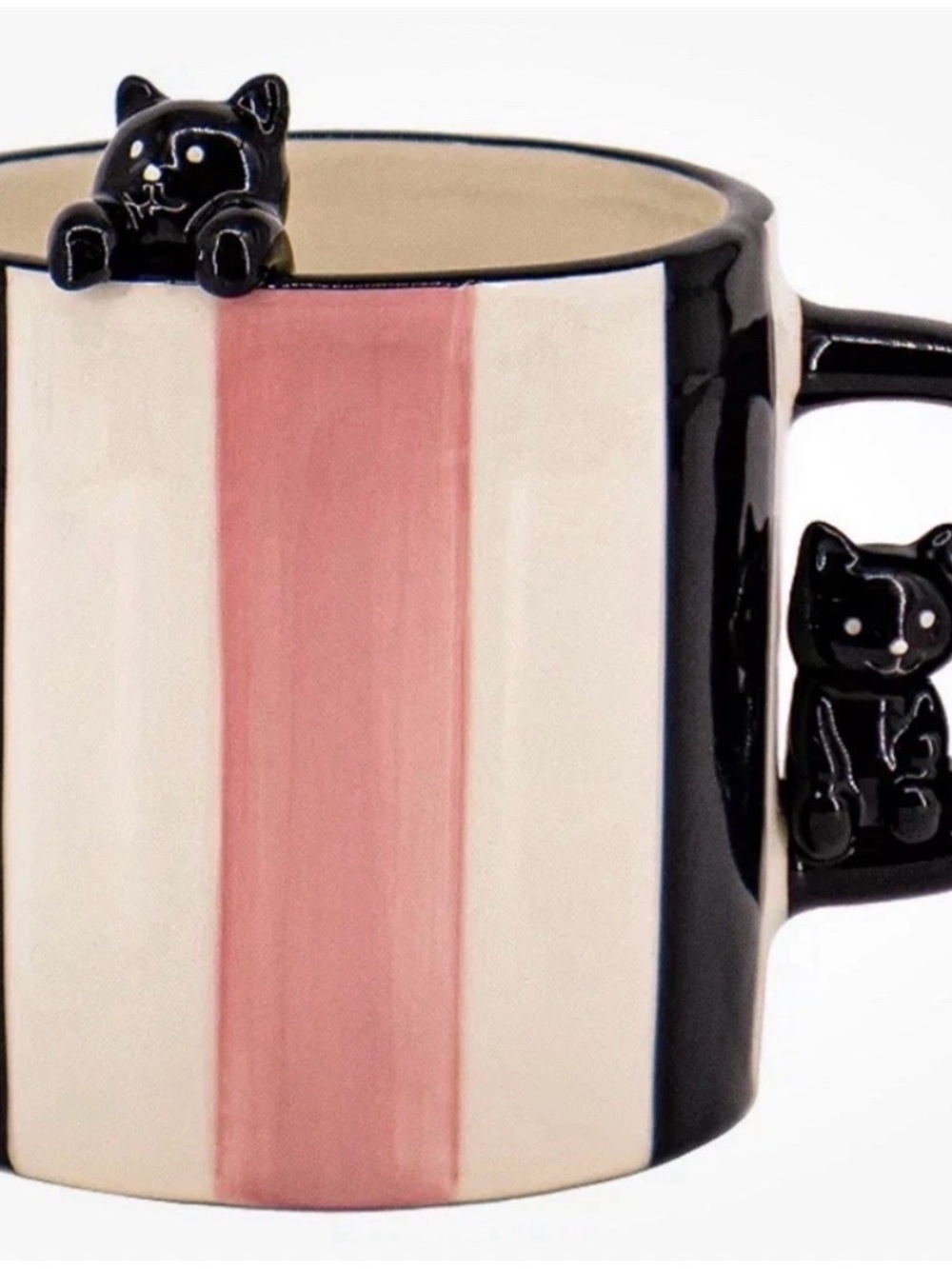 SHEFFIELD HOME BLACK CAT WHITE PINK STRIPE CERAMIC COFFE TEA MUG CUP 20 O